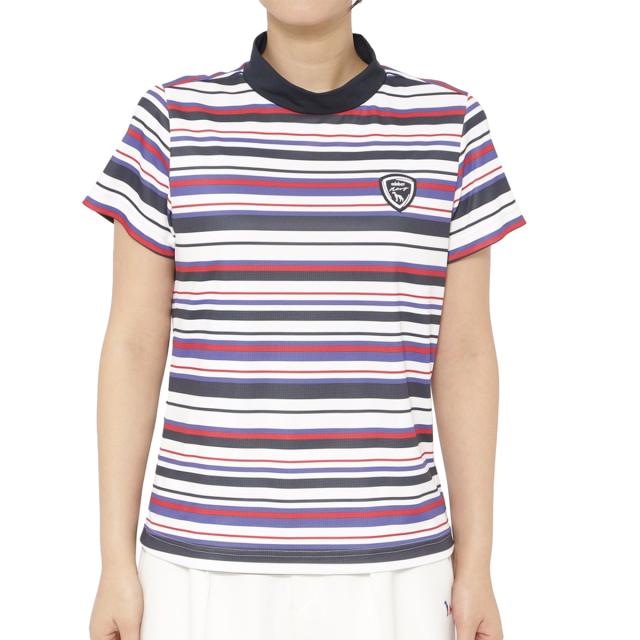 アダバットネイビー　ADABAT NAVY　ストレッチ 吸水速乾 接触冷感 マルチボーダーモックネック半袖Tシャツ　レディス