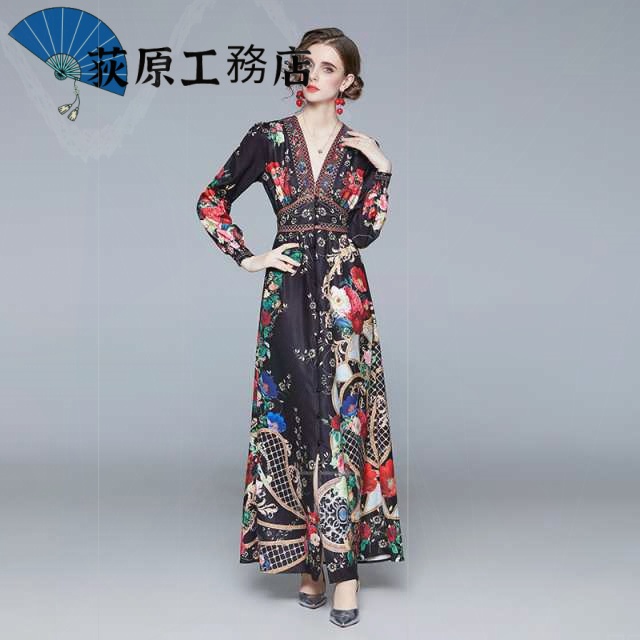 再入荷リクエスト殺到 売上急増中 即納OK 数量限定中 おしゃれ 買い逃し注意 袖あり ドレス 長袖 個性的 パーティードレス レトロ ワンピース Vネック ワンピドレス カジュアル 在庫わずか 花柄 黒 ロング