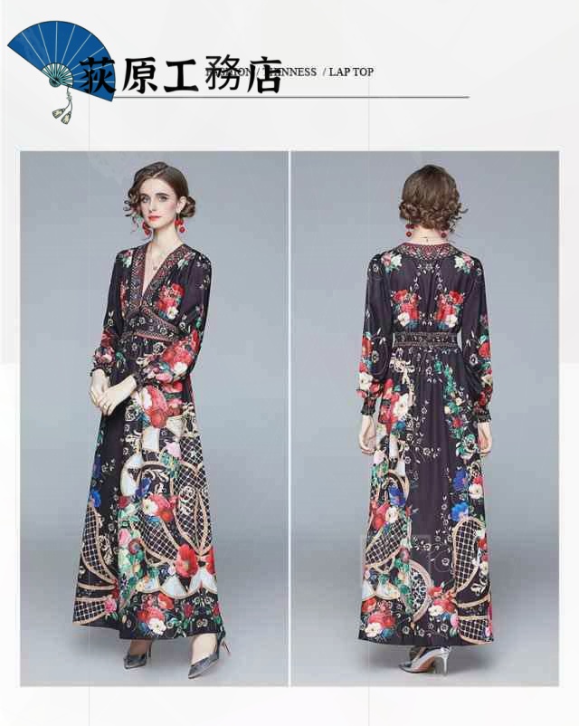 再入荷リクエスト殺到 売上急増中 即納OK 数量限定中 おしゃれ 買い逃し注意 袖あり ドレス 長袖 個性的 パーティードレス レトロ ワンピース Vネック ワンピドレス カジュアル 在庫わずか 花柄 黒 ロング