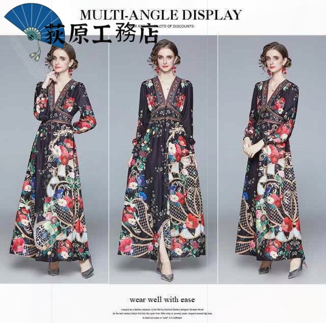 再入荷リクエスト殺到 売上急増中 即納OK 数量限定中 おしゃれ 買い逃し注意 袖あり ドレス 長袖 個性的 パーティードレス レトロ ワンピース Vネック ワンピドレス カジュアル 在庫わずか 花柄 黒 ロング