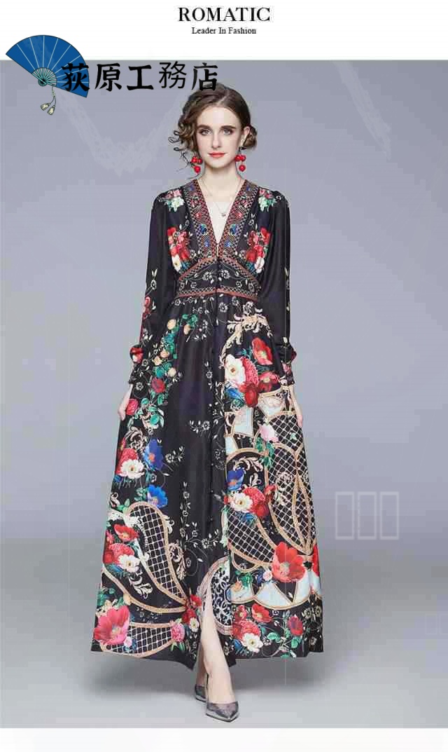 再入荷リクエスト殺到 売上急増中 即納OK 数量限定中 おしゃれ 買い逃し注意 袖あり ドレス 長袖 個性的 パーティードレス レトロ ワンピース Vネック ワンピドレス カジュアル 在庫わずか 花柄 黒 ロング