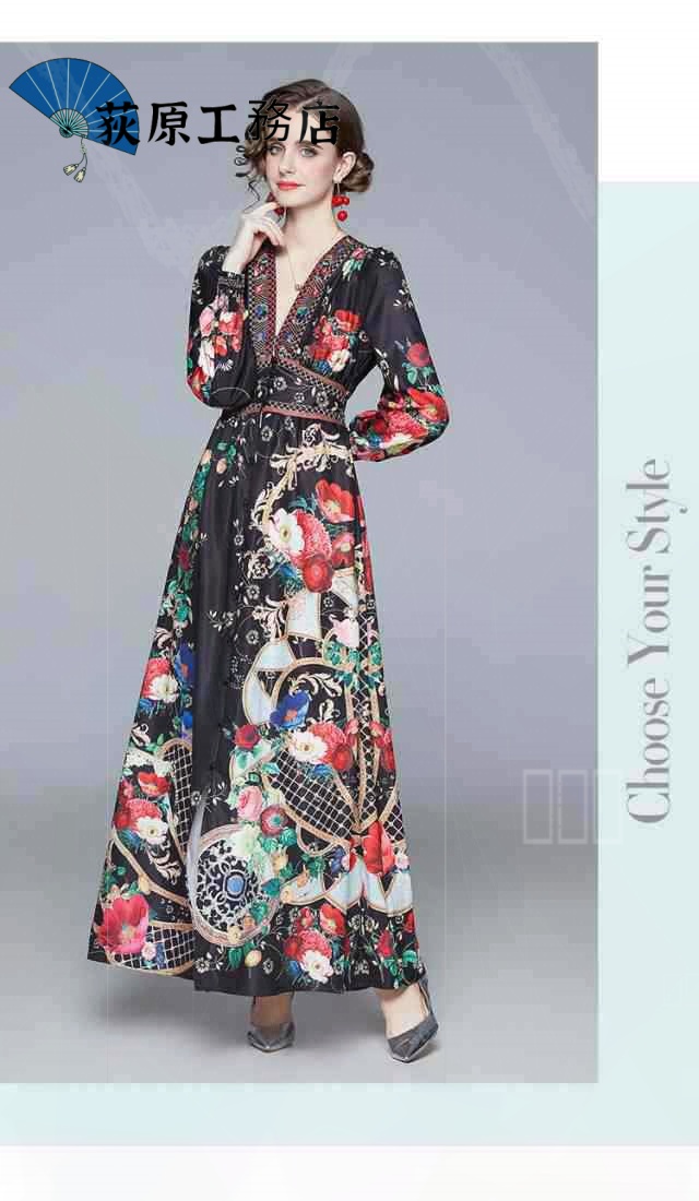 再入荷リクエスト殺到 売上急増中 即納OK 数量限定中 おしゃれ 買い逃し注意 袖あり ドレス 長袖 個性的 パーティードレス レトロ ワンピース Vネック ワンピドレス カジュアル 在庫わずか 花柄 黒 ロング