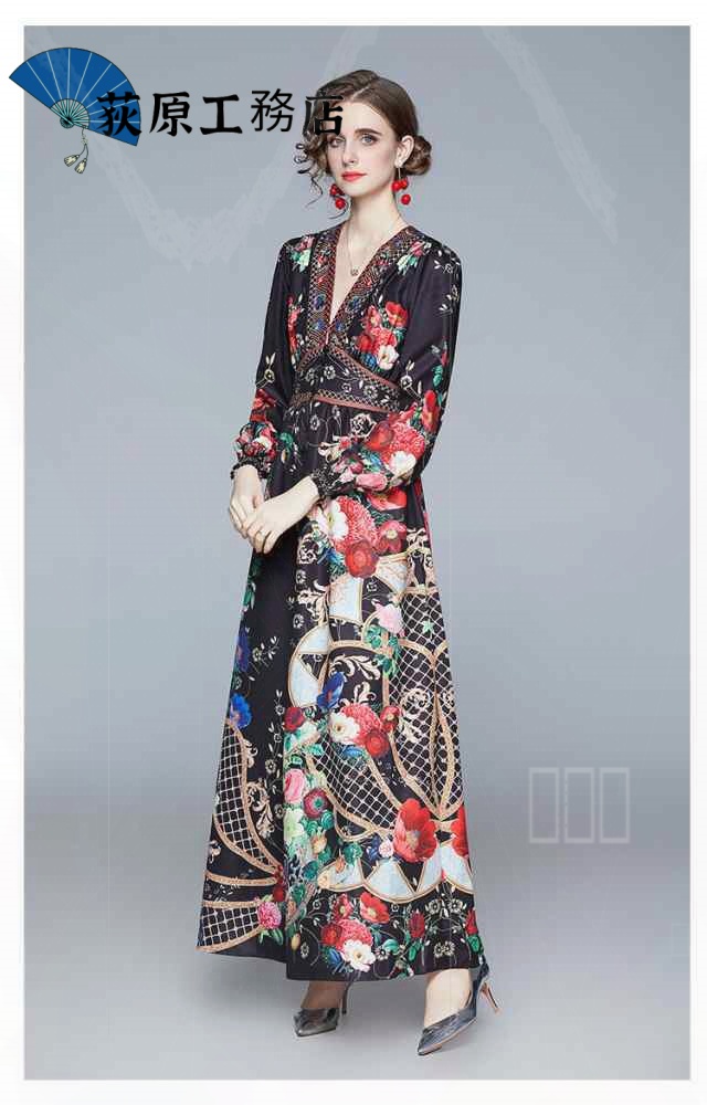 再入荷リクエスト殺到 売上急増中 即納OK 数量限定中 おしゃれ 買い逃し注意 袖あり ドレス 長袖 個性的 パーティードレス レトロ ワンピース Vネック ワンピドレス カジュアル 在庫わずか 花柄 黒 ロング