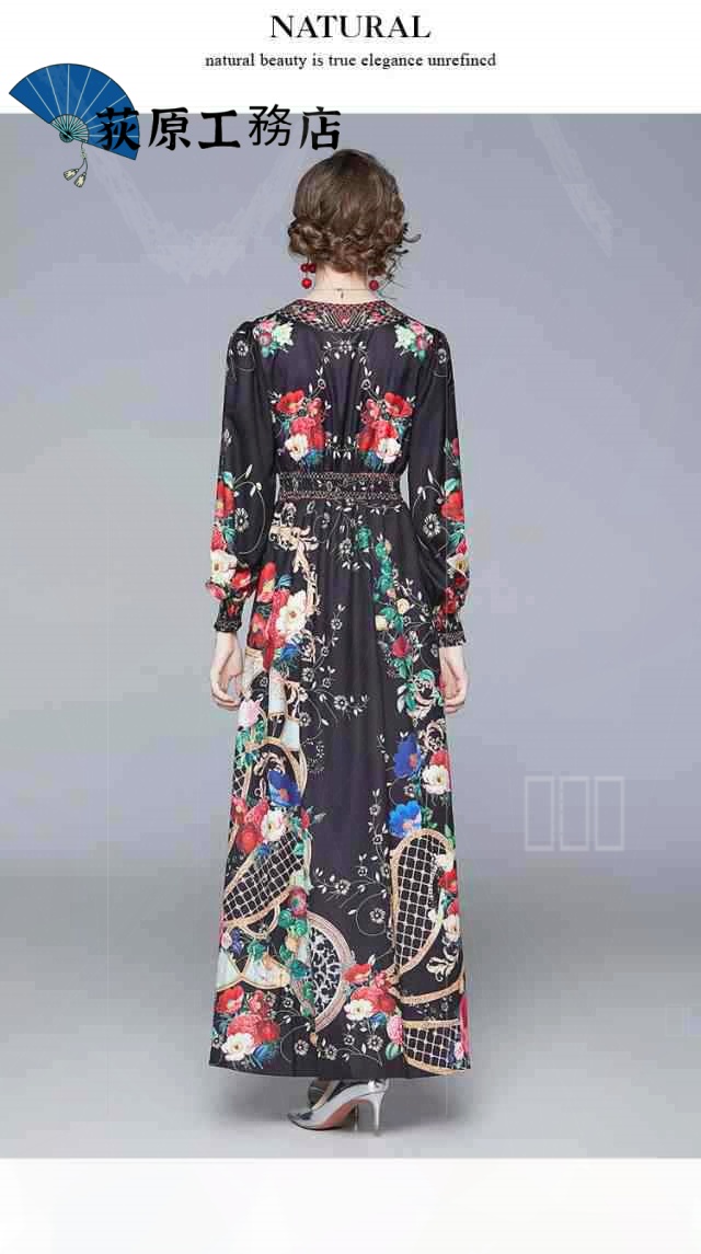 再入荷リクエスト殺到 売上急増中 即納OK 数量限定中 おしゃれ 買い逃し注意 袖あり ドレス 長袖 個性的 パーティードレス レトロ ワンピース Vネック ワンピドレス カジュアル 在庫わずか 花柄 黒 ロング