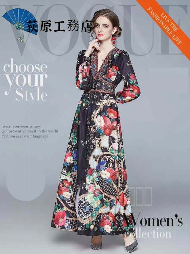 再入荷リクエスト殺到 売上急増中 即納OK 数量限定中 おしゃれ 買い逃し注意 袖あり ドレス 長袖 個性的 パーティードレス レトロ ワンピース Vネック ワンピドレス カジュアル 在庫わずか 花柄 黒 ロング