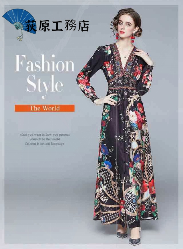 再入荷リクエスト殺到 売上急増中 即納OK 数量限定中 おしゃれ 買い逃し注意 袖あり ドレス 長袖 個性的 パーティードレス レトロ ワンピース Vネック ワンピドレス カジュアル 在庫わずか 花柄 黒 ロング