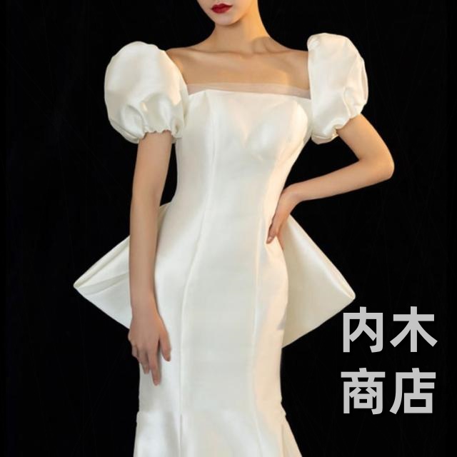 収納便利 SNS話題 スクエアネック ワンピース トレーン付き パーティー