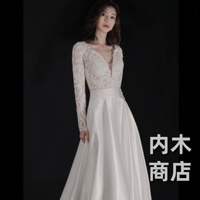 花嫁 ウェディングドレス Aライン 袖あり 長袖 アンブレラスリーブ 白ドレス ラウンドネック 透け感 ワンピース プリンセス 結婚式 二次会