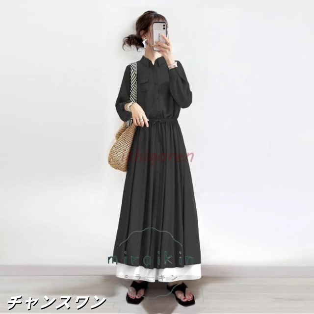 ワンピース レディース ゆったり ギャザー ロング Ａライン 秋 冬 40代 50代 長袖 着痩せ 切り替え レイヤード風 シンプル ナチュラル 折り襟 無地 体型カバーの通販は