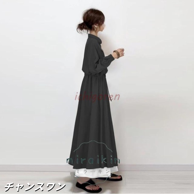 ワンピース レディース ゆったり ギャザー ロング Ａライン 秋 冬 40代 50代 長袖 着痩せ 切り替え レイヤード風 シンプル ナチュラル 折り襟 無地 体型カバーの通販は