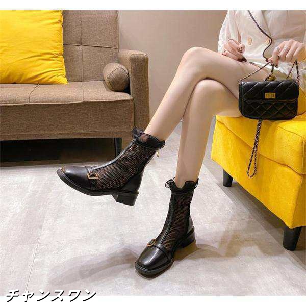 サマーブーツ サンダル レディース 夏 秋 美脚 フリル メッシュ 太ヒール 通気 ショート丈 カジュアル 歩きやすい 疲れない おしゃれ 可の通販は