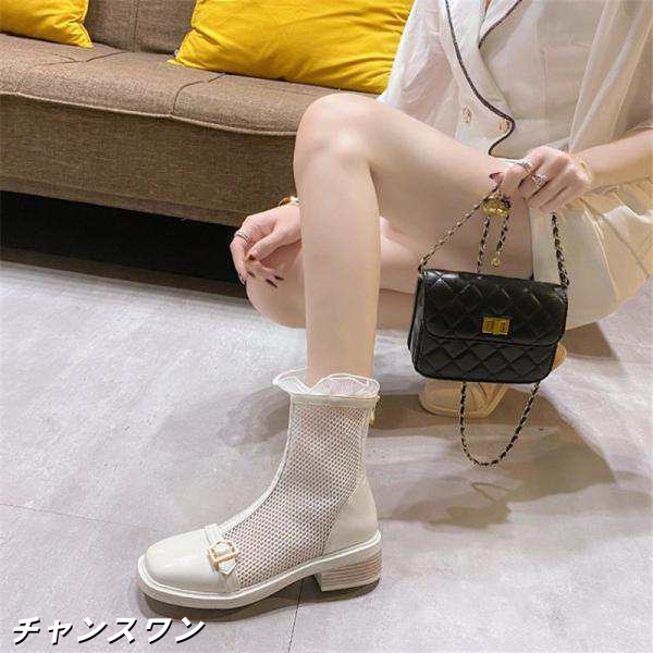 サマーブーツ サンダル レディース 夏 秋 美脚 フリル メッシュ 太ヒール 通気 ショート丈 カジュアル 歩きやすい 疲れない おしゃれ 可の通販は