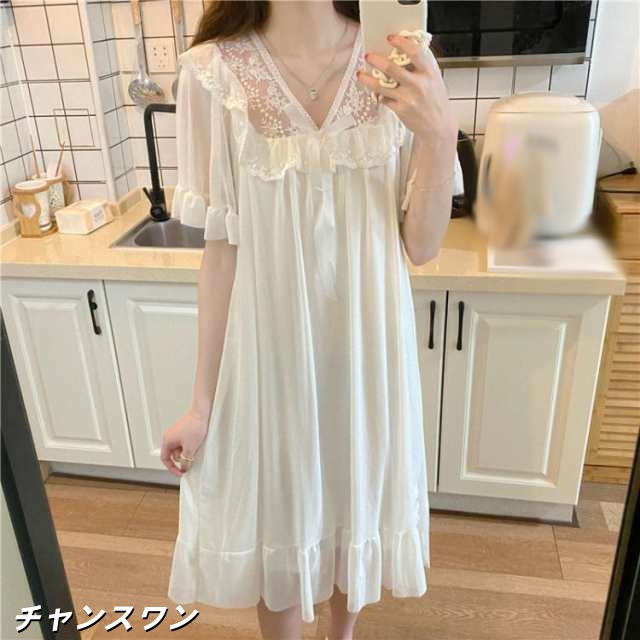 ネグリジェ ワンピース ルームウェア 姫系 フリル レース付き ルームワンピ Vネック リボン 半袖パジャマ 寝間着 カジュアル 部の通販は 6,827円