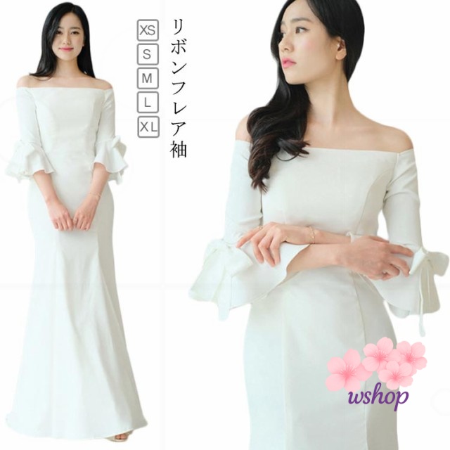 人気急上昇 売上急増中 フィッシュテール 白 パーティードレス ワンピース 【wshop】挙式 マーメイドライン ホワイト 袖リボン オフショルダー ウェディングドレス 海外 ロング丈 ロングドレス ウェディング 結婚式 ウエディング フレア袖 今だけ限定