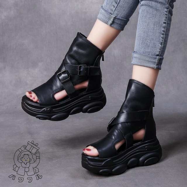 軽量仕様 レビュー高評価 カジュアル 軽量 オープントゥ 厚底サンダル 痛くない 7cm おしゃれ 牛革 ハイカット 夏ブーツ サンダル レザーサンダル 歩きやすい 【パワフル】サマーブーツ 疲れにくい ブーツサンダル バックファスナー レディース 本革 厚底 送料無料 軽量仕様 レビュー高評価 カジュアル 軽量 オープントゥ 厚底サンダル