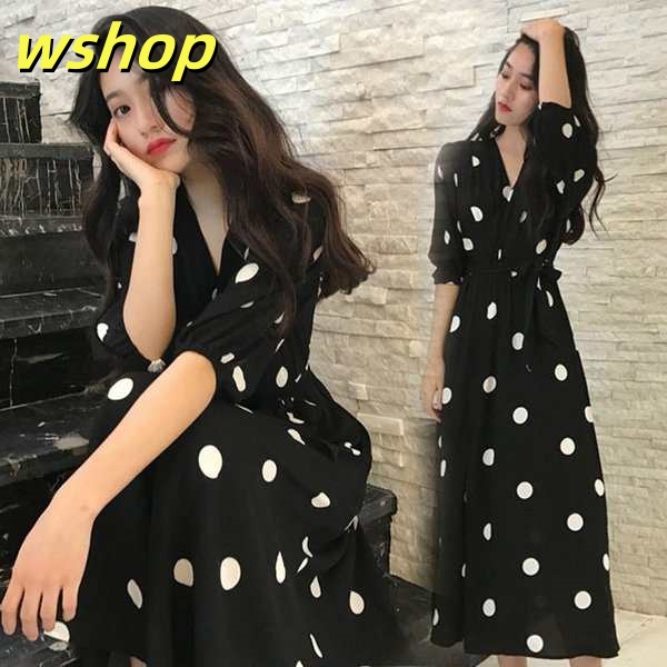【wshop 】レディース マキシワンピース 40代 きれいめ 上品 夏服 カジュアル 通勤 ロング丈 半袖 ドット柄 ロングワンピース