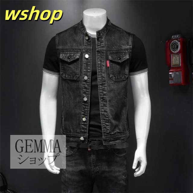 家中時間充実化 多機能デザイン 【wshop バイク Gジャン ジージャン スリム 小さめ作り メンズ レビュー高評価 】デニムベスト 細身 トップス 今だけ 新登場 M-5XL ボタン デニム 春秋 ビンテージ加工 お買い得プライス