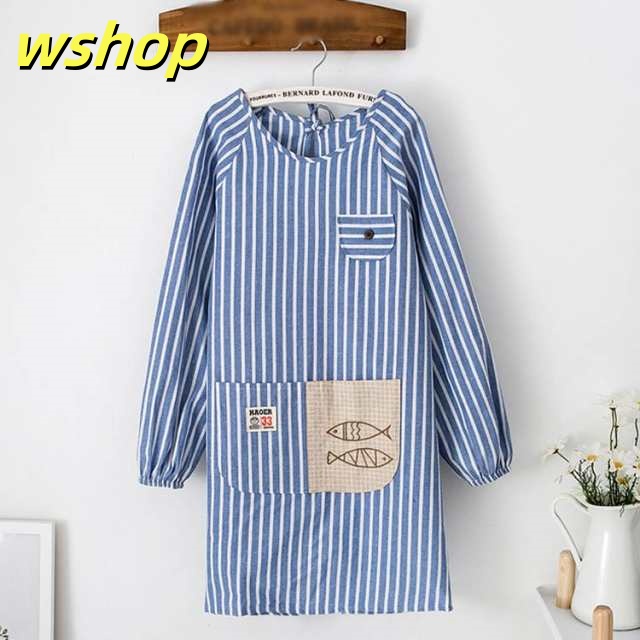 【wshop 】90丈 割烹着 レディース かぶり リブ袖 ロング シンプル おしゃれ エプロン かわいい かっぽう着 レディース ルームウェア 無地 スモック チェック ストライプ 母の日 保育士 介護士 給食 学校