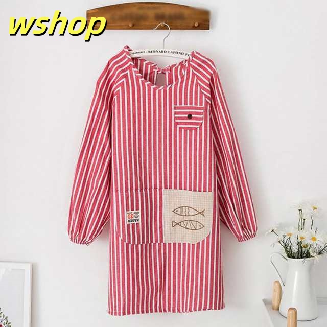 【wshop 】90丈 割烹着 レディース かぶり リブ袖 ロング シンプル おしゃれ エプロン かわいい かっぽう着 レディース ルームウェア 無地 スモック チェック ストライプ 母の日 保育士 介護士 給食 学校
