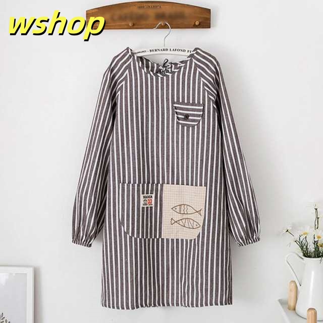 【wshop 】90丈 割烹着 レディース かぶり リブ袖 ロング シンプル おしゃれ エプロン かわいい かっぽう着 レディース ルームウェア 無地 スモック チェック ストライプ 母の日 保育士 介護士 給食 学校