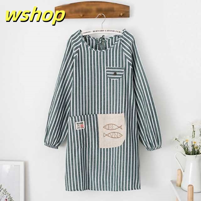 【wshop 】90丈 割烹着 レディース かぶり リブ袖 ロング シンプル おしゃれ エプロン かわいい かっぽう着 レディース ルームウェア 無地 スモック チェック ストライプ 母の日 保育士 介護士 給食 学校