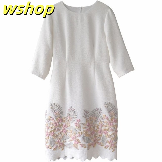 wshop 】ワンピース ラウンドネック 花柄 長袖 膝丈 ロマンティック