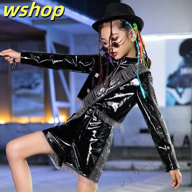 季節限定アイテム ギフトにも最適 】キッズダンス衣装 ステージ服 男の子 ショートパンツ トップス 光沢感 キッズ 【wshop 軽量仕様 女の子 在庫わずか セットアップ pu ライダースジャケット 売上急増中 ダンス衣装 子供ダンス 舞台服 送料無料実施中_3