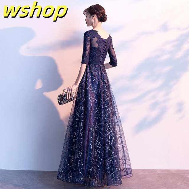 注目ランキング上位 ギフトにも最適 結婚式ドレス SNS話題 】パーティードレス 成人式 新登場 30代 マキシ丈 40代 発表会 20代 ロング丈 大人 二次会 送料無料 袖あり 紺色 切り替え お呼ばれ 【wshop 演奏会 エレガント パーティー 数量限定入荷_4