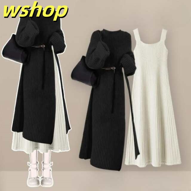 レビュー高評価商品 店長太鼓判 セットアップ エレガント シンプ 長袖 ミモレ丈 】レイヤード 大人 送料無料 可愛い カジュアル 2点セット SNS話題 体型カバー レディース 即納OK 【wshop きれいめ ニット ワンピース ノースリーブ 送料無料実施中