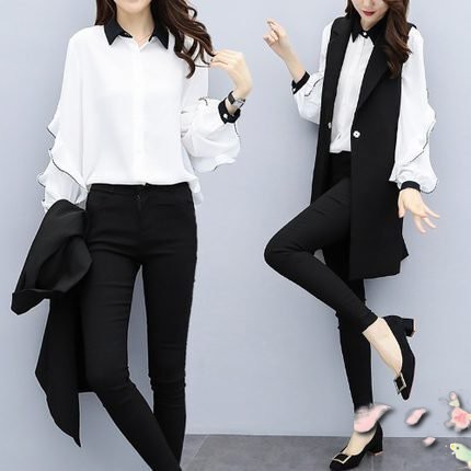 ランキング常連 即納OK 多機能デザイン レディース 生活快適特集 ブラウス 長袖 在庫わずか セットアップ シャツ フリル 卒業式 入学式 ベスト 大きいサイズ 2点セット 襟付き ステッチ ジレ ロング丈 即納対応中