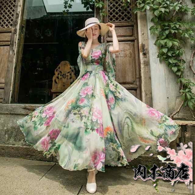 レビュー高評価商品 即納OK ランキング常連 レディース 品質安心 リゾートワンピ グリーン 着痩せ 夏 ロング丈 マキシワンピ ワンピース キレイめ シフォン 上品 半袖 花柄 女性 即納対応中 送料無料