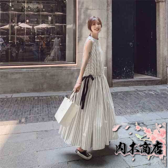 売れ筋アイテム レビュー高評価 レディース 店長太鼓判 オシャレ ストライプ 新作 Aライン 今だけ マキシ丈 ロング 蝶結び 収納便利 春夏 韓国風 上品 ノースリープ ド 着痩せ ワンピース お買い得プライス