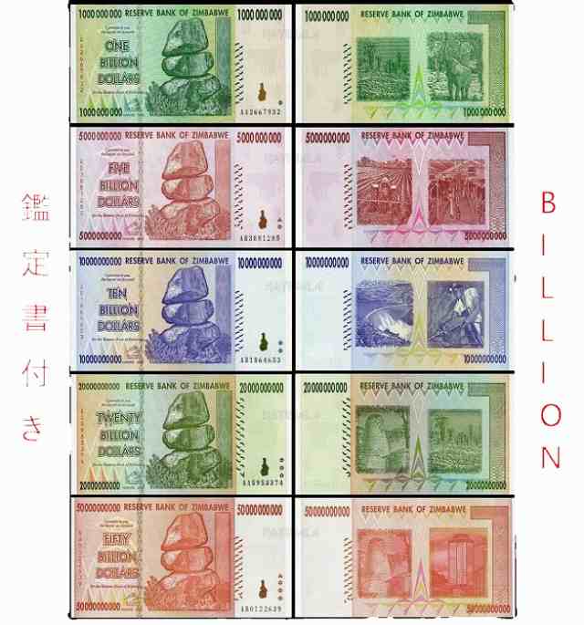 【鑑定書付き】BILLIONシリーズ 5枚セット フルセット 未使用 ピン札 500億 200億 100億 50億 10億 ジンバブエ 紙幣 ハイパーインフレ