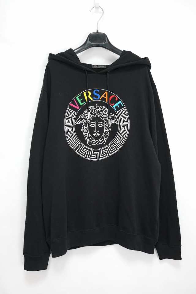 VERSACE ヴェルサーチ メデューサ プリント パーカー ブラック 3XL ロゴエンブロイダリー レインボーA227994/A83506【中古】