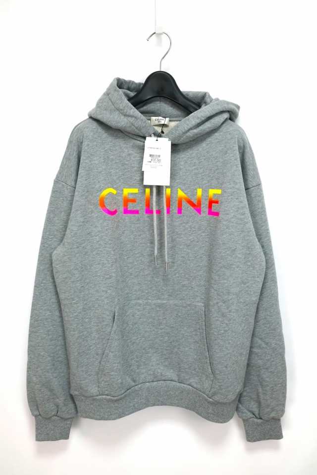 CELINE セリーヌ グラデーション ロゴプリント グレー S XLサイズ コットン１００％ ルーズ フーディ パーカー 2Y753670Q【中古】新古品