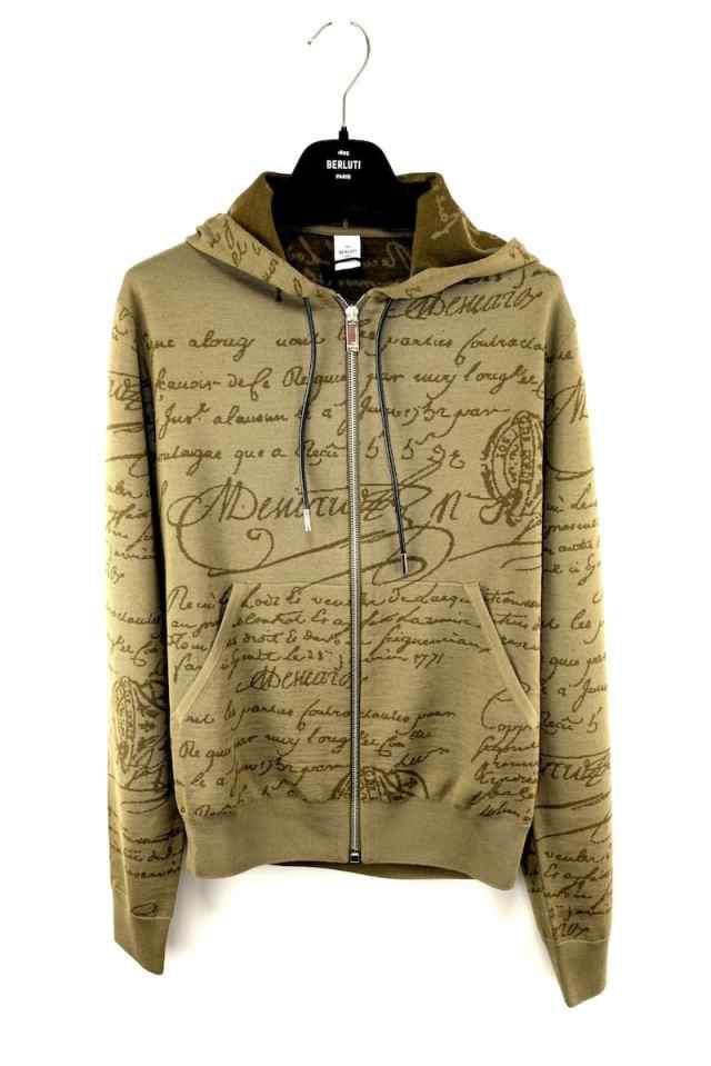 Berluti ベルルッティ Scritto Zip Up Hoodie Military Kaki ウール スクリット ジップ アップ パーカー カーキ/ブラウン サイズXS 【中