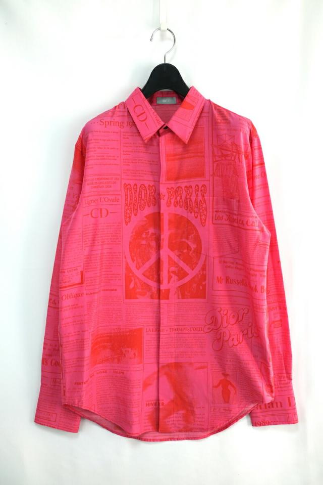 DIOR ERL ディオール ニュースペーパー プリント コットン シルク シャツ ローズ ヴァイオレット 40サイズ 313C514D5701【中古】新古品の通販は 44,200円