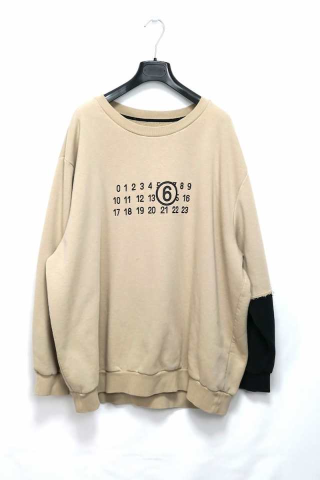 MM6 Maison Margiela エムエムシックス マルジェラ NUMERICAL LOGO PRINT SWEATSHIRT アシンメトリー　袖切替 ベージュ　Lサイズ【中古】