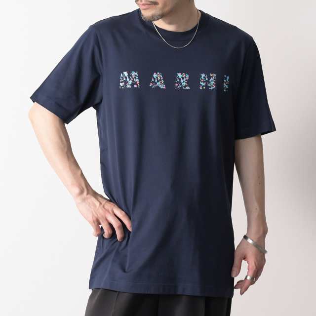 MARNI マルニ Tシャツ トップス ロゴT フラワーモチーフ オーガニックコットンTシャツ HUMU0198PQ USCW21 メンズ BLUE BLACK ブルー ネイ