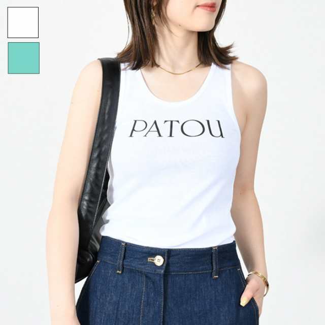 PATOU パトゥ タンクトップ トップス JE015 9994 レディース ホワイト ミントグリーン ロゴプリント コットン ロゴ クルーネック オーガ