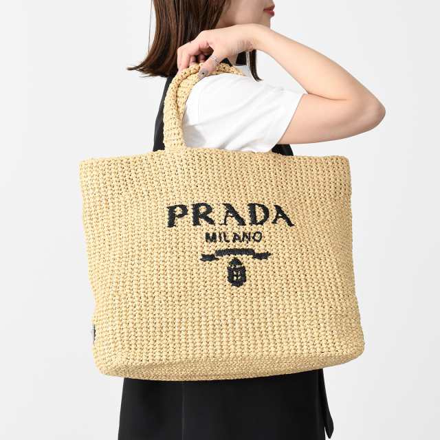 PRADA / プラダ ラフィア トートバッグ ブラック ロゴ - トートバッグ