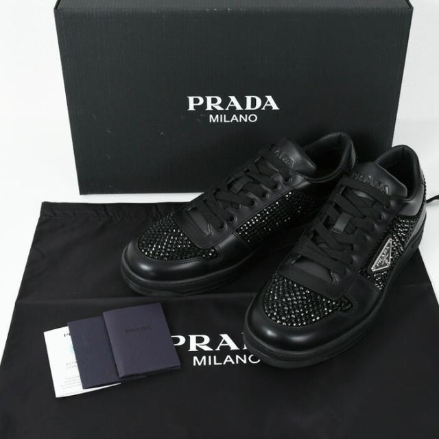 【PRADA】 ロゴ クリスタル 装飾 レザー スニーカー 送料込 クリスタル付 レザー スニーカー
