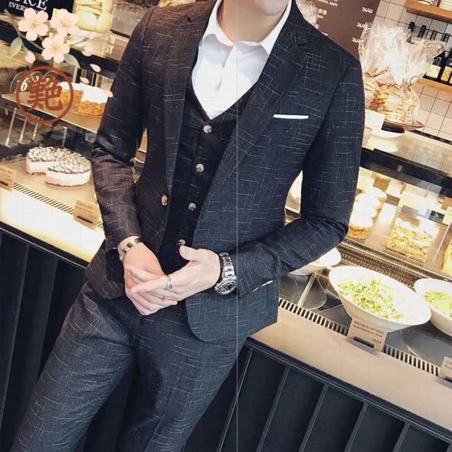 ブラック メンズスーツ メンズ 男性用 ビジネス チェック柄 ウェディング スーツセット 細身 紳士服 新郎 フォーマル 礼服 パーティー 3点セット ジャケット ベスト スリム 演奏会 発表会 紺 二次会 一つボタン セレモニースーツ 写真撮影 結婚式