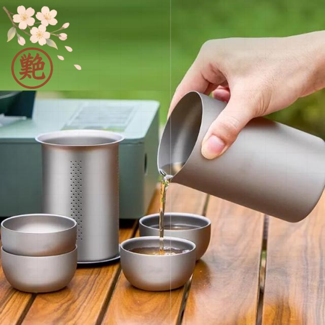 食器 ピクニック 収納ケース付き キャンプ 花見 お茶セット アウトドア カップ 入れ子収納 ティーポット お茶セット チタン製 チタン 食器 コンパクト ストレーナー バーベキュー キャンプ