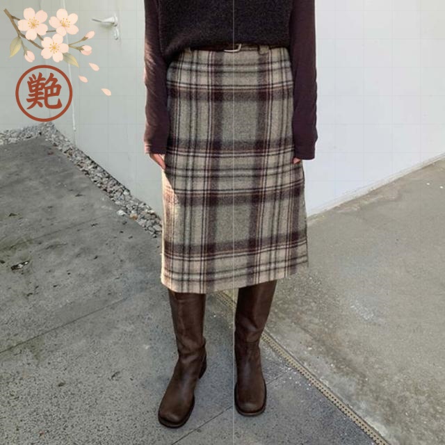 細見え ハイウェスト きれいめ ひざ丈 ウール ミディアム丈 かわいい レトロ チェック ウール 秋冬 スリット入り 韓国ファッション ストレートスカート