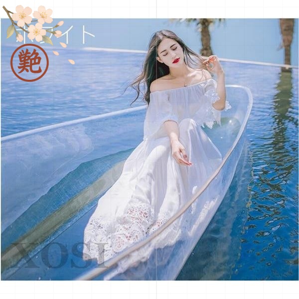 白ワンピース ハイウエスト 着痩せ感 マキシ レディース マキシワンピ ハネムーン ベアトップ ハイウエスト 旅行 マキシ丈 ロング丈 可愛い