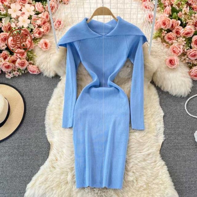 リブ 春秋 ニットワンピース 秋冬 長袖 ひざたけ タイトニット