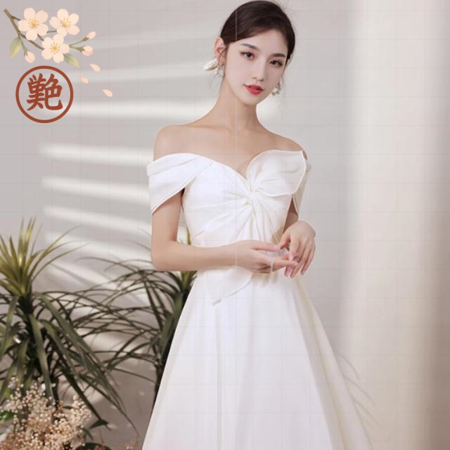 編み上げタイプ ロング ウエディングドレス フォトウェディング ネック ドレス エンパイアドレス オフショルダー 二次会 フロントリボン エンパイアライン ウエディングドレス