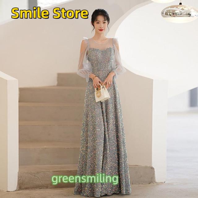 【SmileStore】袖付き イブニングドレス 発表会 グレーブルー スパンコール ロングドレス 演奏会 コンクール カクテルドレス ステージ 「爆買」カラードレス パーティードレス