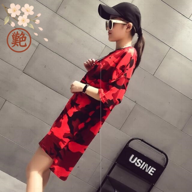 おしゃれ シンプル レディース 可愛い 新作 トップス 迷彩柄 ゆったり Ｔシャツ カジュアル ロング丈 ロングＴシャツ カモフラ シャツ ワンピース 半袖 上着